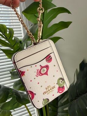 Coach White Floral and Fruit Card Case with Gold Chain